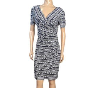 Jones&Co Navy Short Sleeve Sheath Dress Womens Size 10 Chain Surplice Wrap